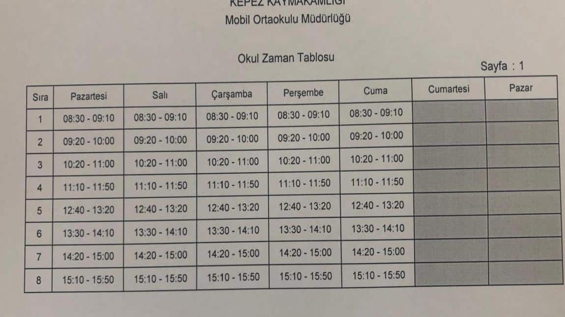 Okulumuz Sınıf Programları ve Zaman Tablosu 